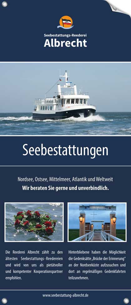 Schaufensterbanner Seebestattungs-Reederei Albrecht mit Ösen